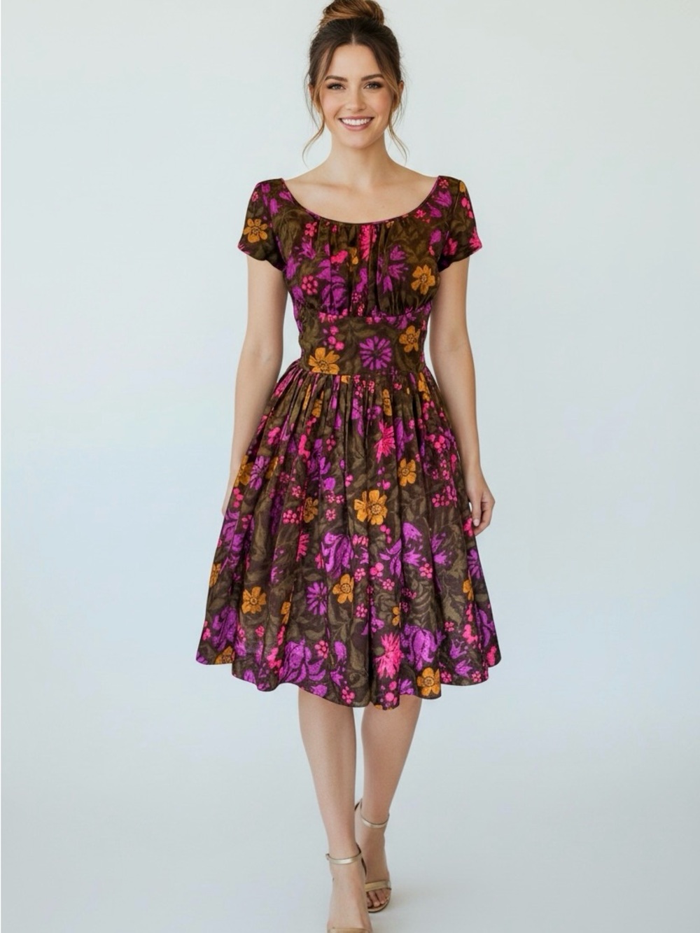 1950s 60s Abstract Floral Rockabilly Full Skirt Party Dress | XS S